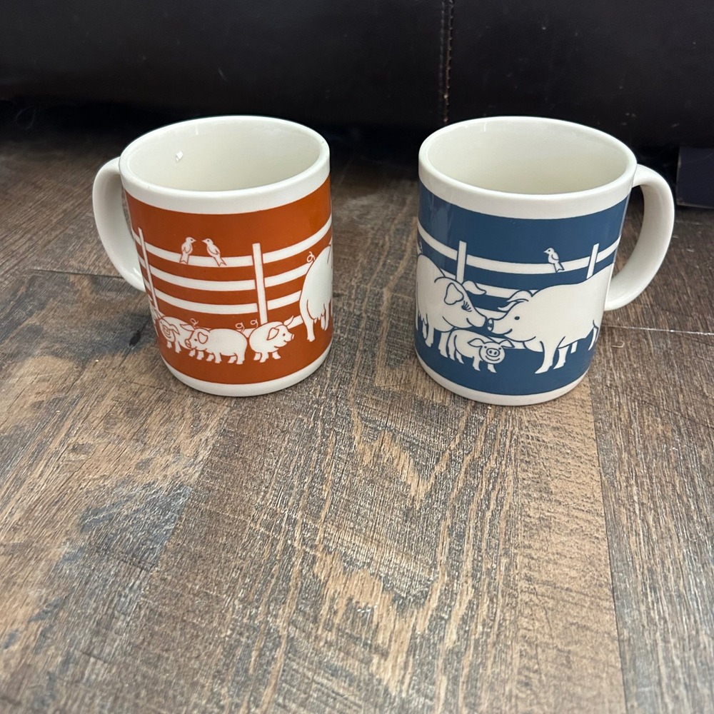 Vintage 1980s Papel Barnyard Animals Pig Coffee Mug Set Orange Blue Japan 2pc